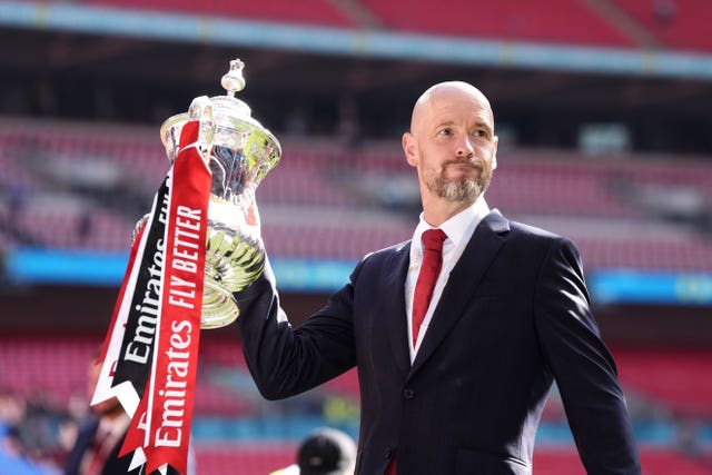 Manchester United boss Erik ten Hag celebrates winning the FA Cup