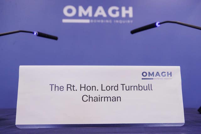 The name card of Lord Turnull in the hearing room at the Silverbirch Hotel in Omagh, Co Tyrone, in the Omagh Bombing Inquiry