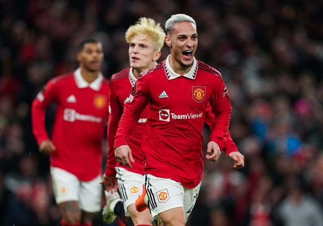 Manchester United’s Antony celebrates scoring