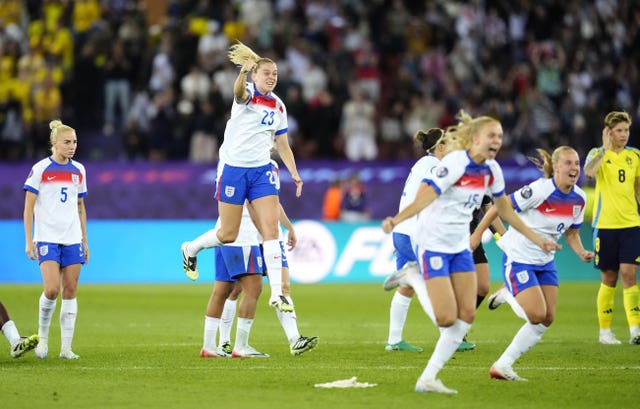 England’s Alessia Russo (centre) celebrates after they win the penalty shoot-out following the UEFA Women’s Euro 2025 quarter-final match at the Stadion Letzigrund in Zurich, Switzerland. 