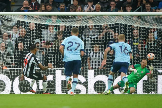Callum Wilson, left, scores Newcastle''s winner from the penalty spot