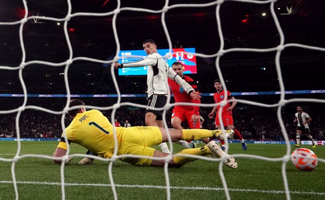 Kai Havertz scores Germany’s third goal past Nick Pope in a 3-3 Nations League draw at Wembley