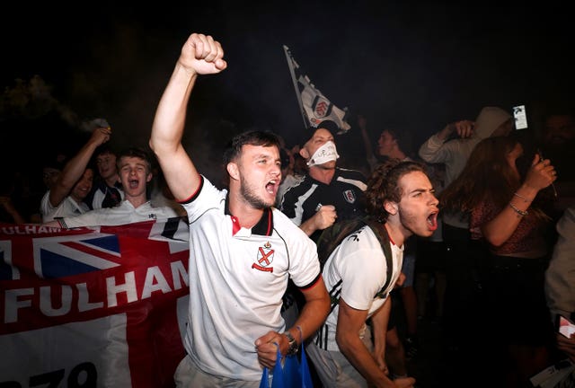 Fulham fans celebrated outside Craven Cottage following the team's  success at Wembley