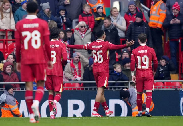 Trent Alexander-Arnold, centre, celebrates scoring in Liverpool's win over Accrington