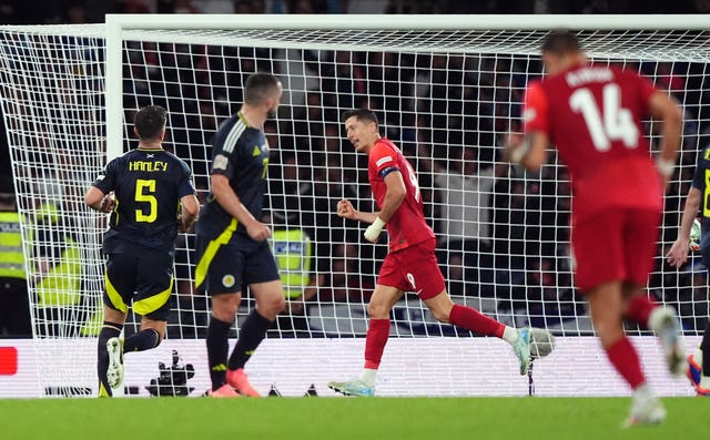 Poland’s Robert Lewandowski celebrates scoring his side''s second goal at Hampden