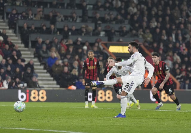 Manchester United’s Bruno Fernandes scores their first goal
