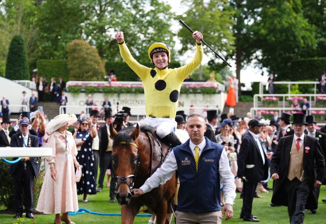 Billy Loughnane celebrates on Bow Echo after winning the St James’s Palace Stakes 
