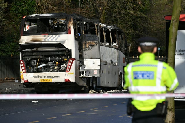 Burnt-out remains of bus