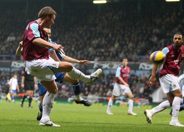 Teddy Sheringham, left, scores his final Premier League goal aged 40 for West Ham against Portsmouth