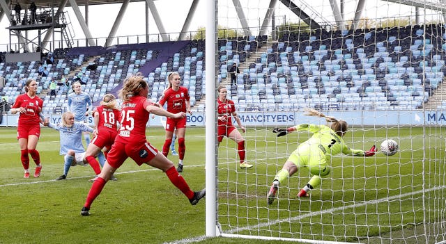 Manchester City's Esme Morgan scores her team's third goal against Birmingham