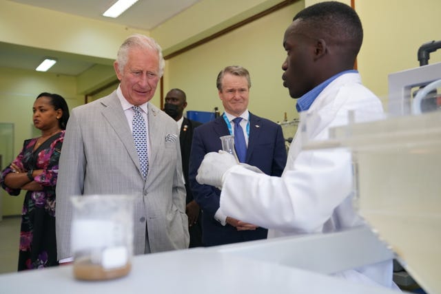 The Prince of Wales speaks to students during a visit to the Integrated Polytechnic Regional College (IPRC) in Kigali