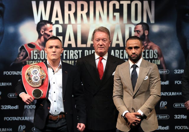 Warrington, left, will defend his IBF featherweight title against Kid Galahad, right, in June (Simon Cooper/PA)