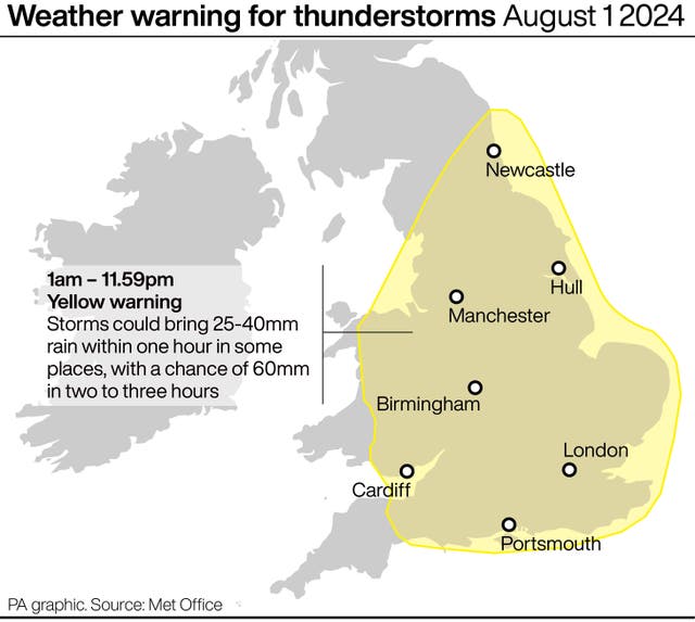 Map showing the area covered by the yellow weather warning for Thursday