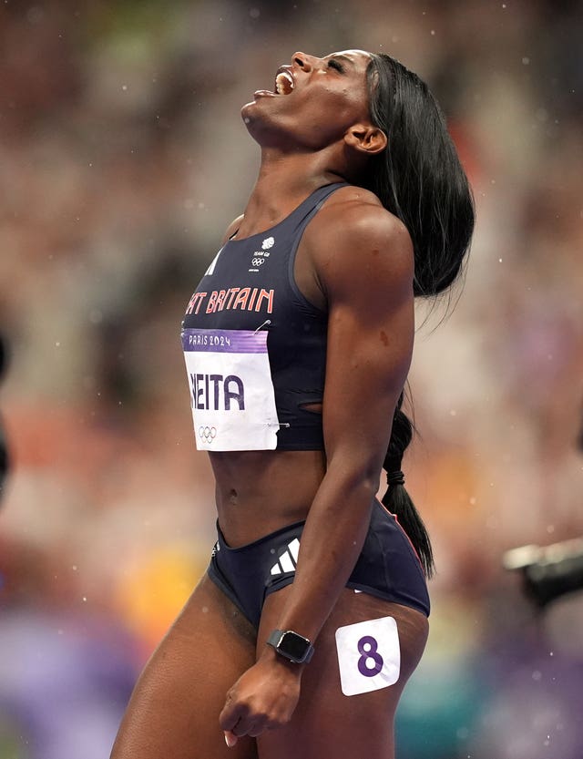 Great Britain’s Daryll Neita just missed out on a medal and looks to the sky.