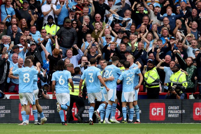 Manchester City celebrate Erling Haaland's goal