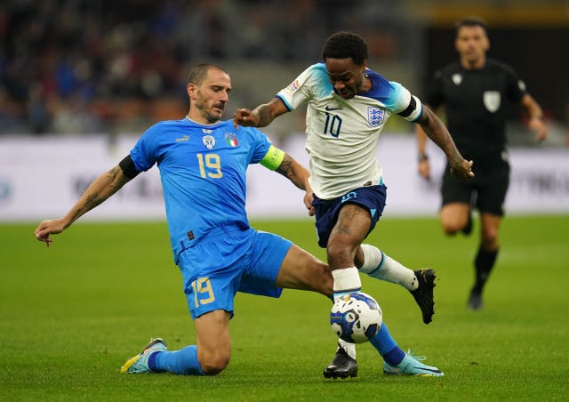 Leonardo Bonucci (left) and Raheem Sterling battle for the ball