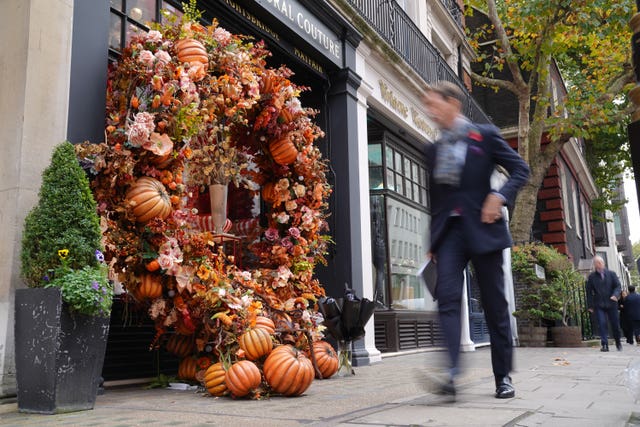 A display of leaves and pumpkins outside Neill Strain Floral Couture store in Mayfair