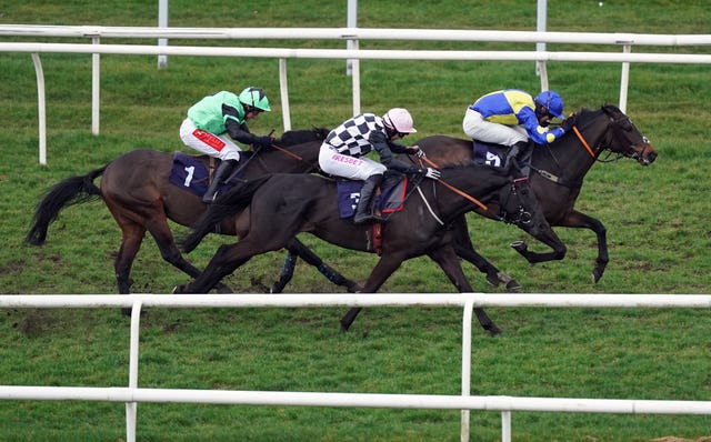 Shared ridden by Paul O’Brien (right) goes on to win the Virgin Bet Daily Money Back Novices’ Hurdle at Doncaster Racecourse 