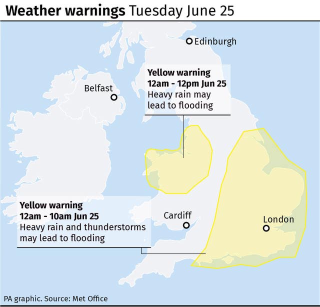 Weather warnings Tuesday June 25