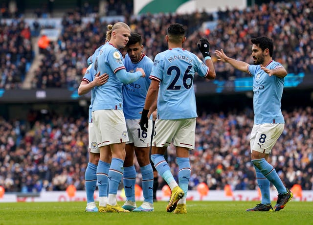 Manchester City celebrate scoring against Wolves
