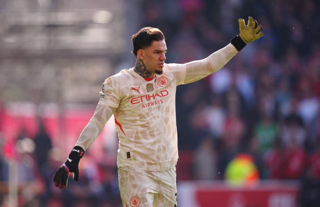 Manchester City goalkeeper Ederson during the Premier League match at the City Ground