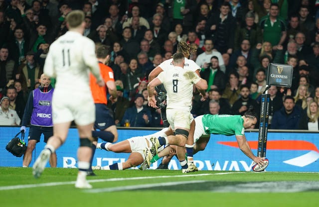 James Lowe, right, scores for Ireland
