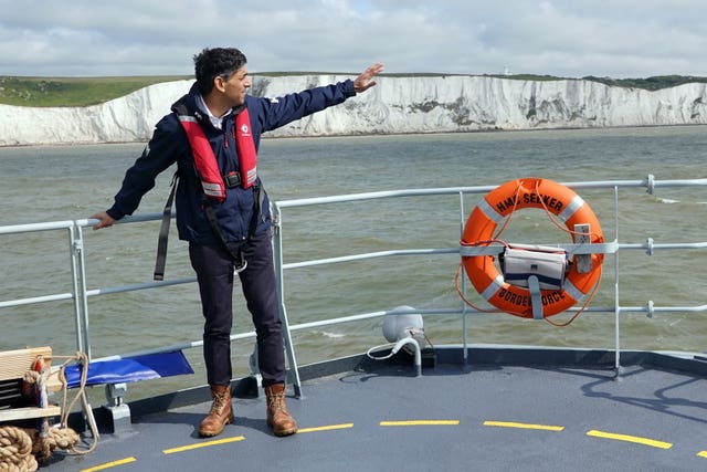 Prime Minister Rishi Sunak onboard Border Agency cutter HMC Seeker during a visit to Dover earlier this month