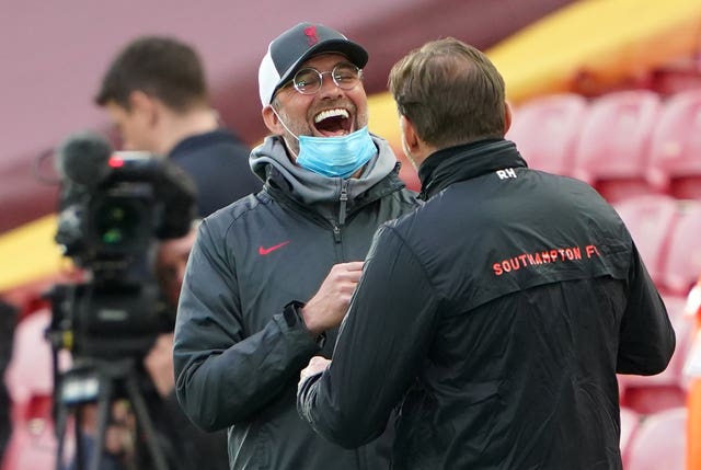 Liverpool manager Jurgen Klopp shares a joke with Southampton boss Ralph Hasenhuttl ahead of their sides' meeting at Anfield in May. Klopp had little to laugh about for large parts of a difficult season. The Reds produced a limp title defence, including suffering a 7-2 thrashing at Aston Villa in October and six successive home losses between January and March