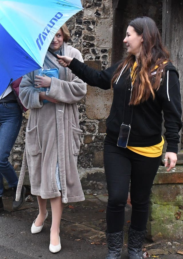 Emma Corrin on the set of The Crown