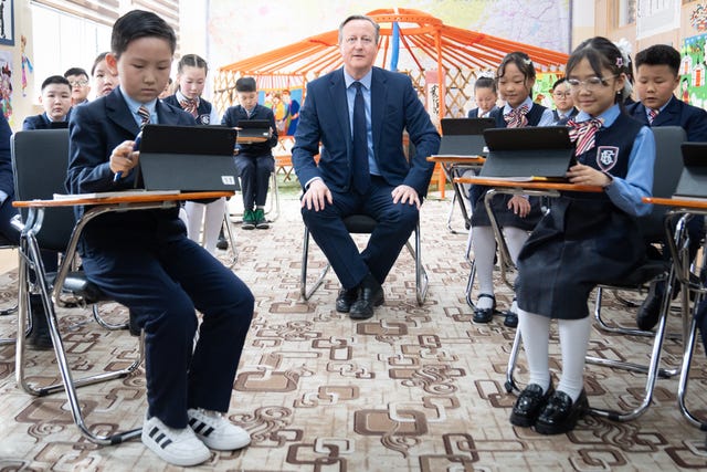 Lord David Cameron meets pupils at School No 23 in Ulaanbaatar
