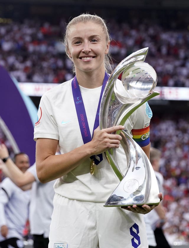 England’s Leah Williamson lifts the Uefa Women’s Euro 2022 trophy following victory over Germany in the Uefa Women’s Euro 2022 final at Wembley Stadium, London