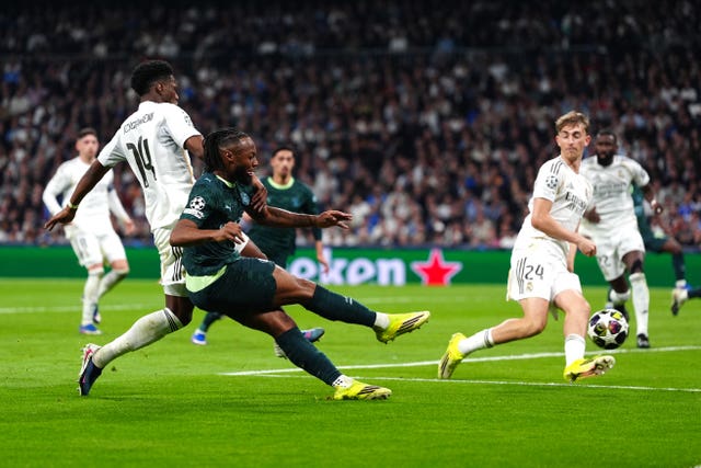 Manchester City’s Antoine Semenyo attempts a shot at goal against Real Madrid