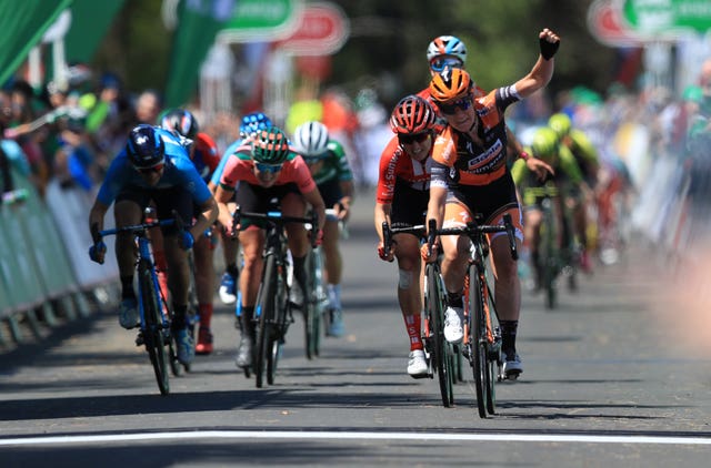 Amy Pieters celebrates winning stage six of the OVO Energy Women's Tour as Lizzie Deignan was crowned overall winner
