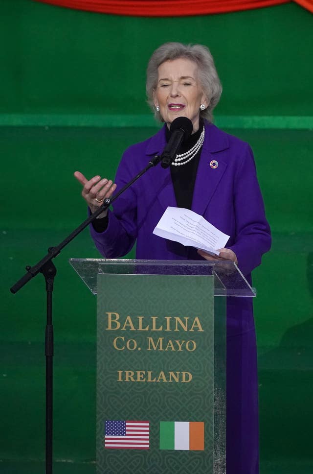 Former Irish president Mary Robinson speaking on stage before US President Joe Biden delivered a speech at St Muredach’s Cathedral in Ballina