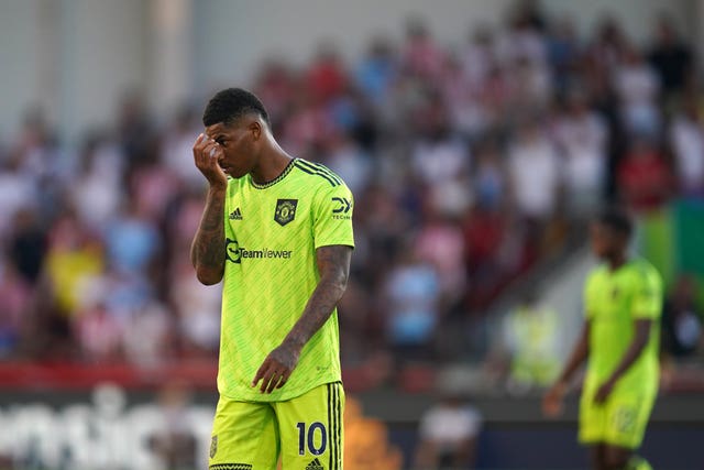 Marcus Rashford reacts to defeat at Brentford