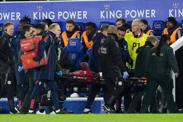 Ayden Heaven leaves the pitch on a stretcher