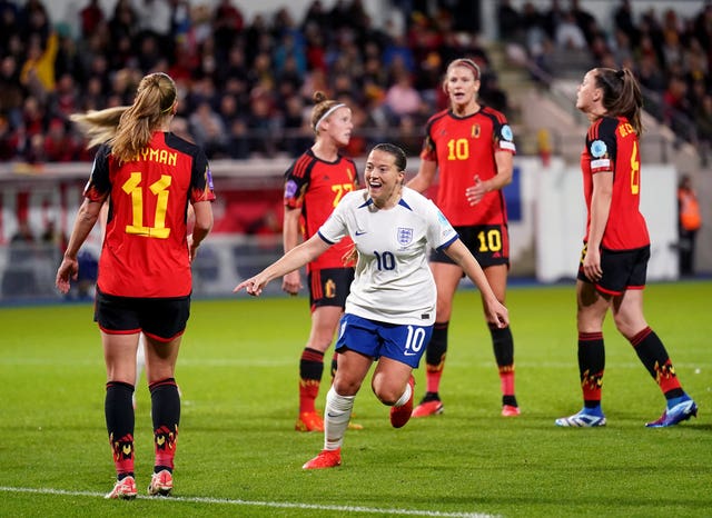 Fran Kirby, centre, celebrates after giving England a 2-1 lead