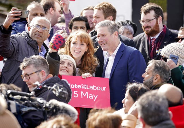 Sir Keir Starmer and Angela Rayner at the launch of of Labour’s local election campaign in Bury, Greater Manchester