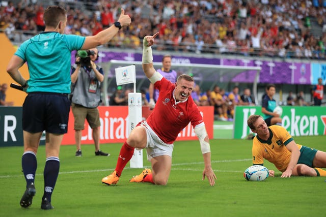 Wales’ Hadleigh Parkes scores in a memorable win over Australia at the 2019 World Cup