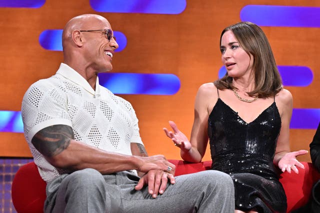 Dwayne Johnson sitting next to Emily Blunt on The Graham Norton Show set