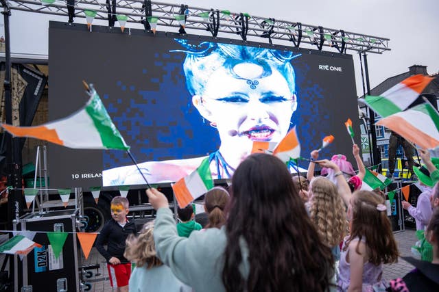 People attend a watch-along party in the town square of Ireland’s Eurovision entrant Bambie Thug’s hometown of Macroom in Co Cork