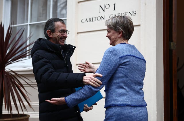 Yvette Cooper greets France’s Interior Minister Bruno Retailleau outside 1 Carlton Gardens in London