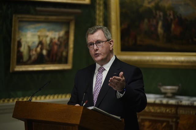 DUP leader Sir Jeffery Donaldson speaks during a joint press conference with Northern Ireland Secretary Chris Heaton-Harris at Hillsborough Castle