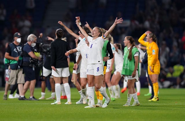 England captain Leah Williamson celebrates at the final whistle.