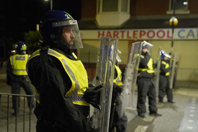 Police in Hartlepool attending the violent disorder in riot gear