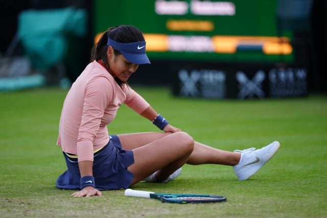 Emma Raducanu after falling during her women’s singles semi-final match against Katie Boulter (not pictured) on day six of the Rothesay Open at the Lexus Nottingham Tennis Centre, Nottingham
