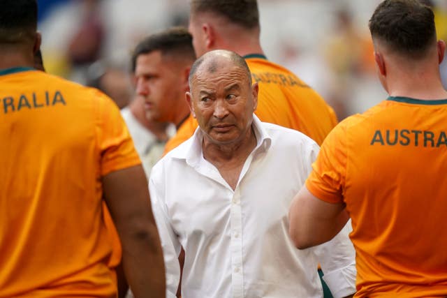 Eddie Jones looks puzzled as he gears up to address his Australia players