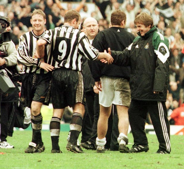 Newcastle boss Kenny Dalglish congratulates goalscorer Alan Shearer after a 1-0 FA Cup semi-final win over Sheffield United