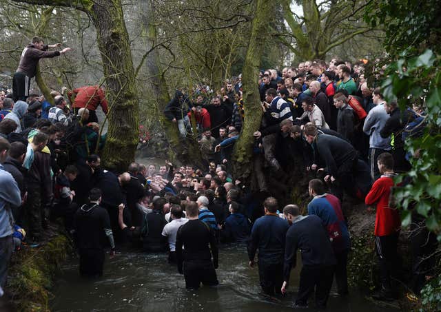 Players during a previous Royal Shrovetide football match in Ashbourne 