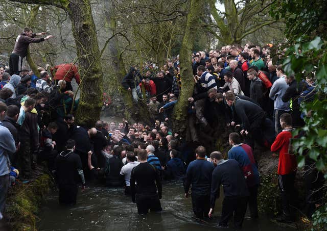Players during a previous Royal Shrovetide football match in Ashbourne